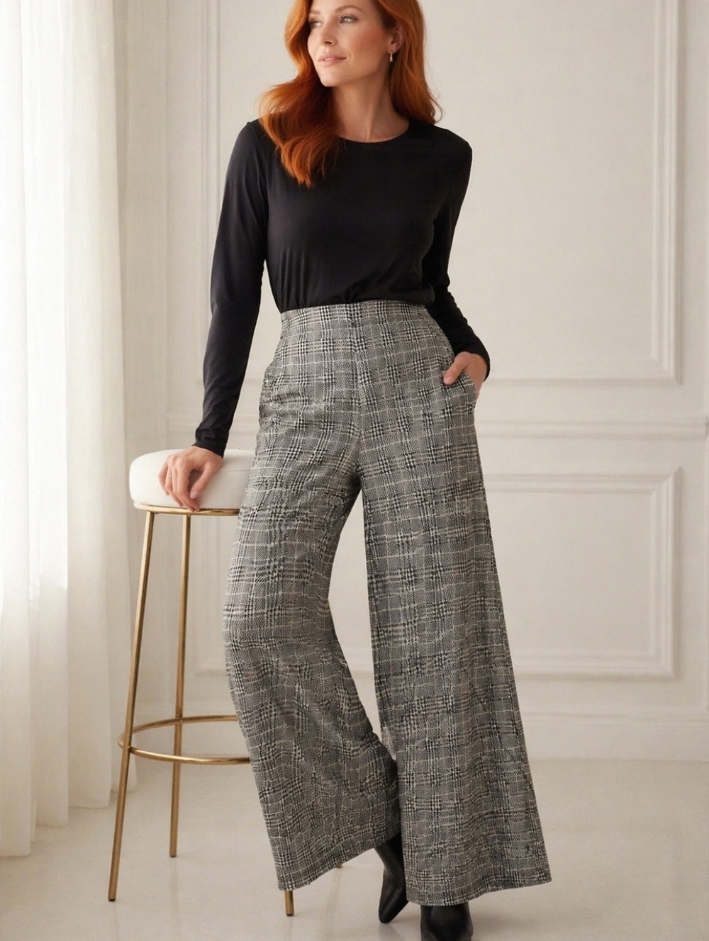Max Studio💓Black and Gray Glen Plaid Wide-Leg Trousers Sz S
